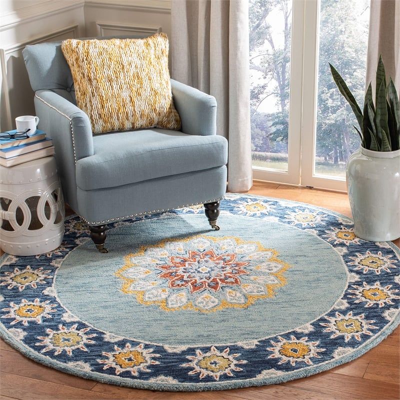 Safavieh Blossom 6' Round Hand Tufted Wool Rug in Blue and Gold