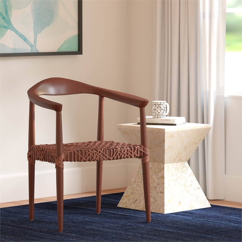 Safavieh Juneau Wood and Leather Woven Accent Chair in Walnut / Brown