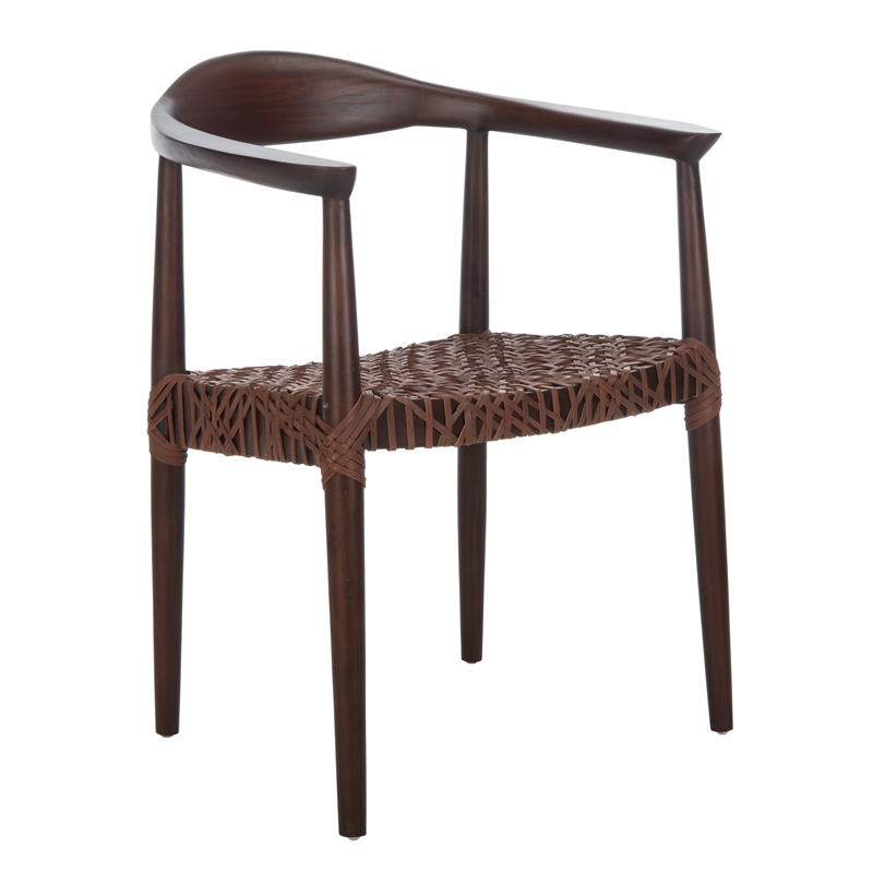 Safavieh Juneau Wood and Leather Woven Accent Chair in Walnut / Brown