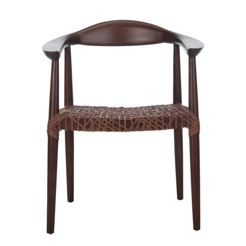 Safavieh Juneau Wood and Leather Woven Accent Chair in Walnut / Brown