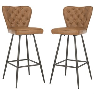 Safavieh Aster 30&quot Leather Tufted Bar Stool in Camel (Set of 2)