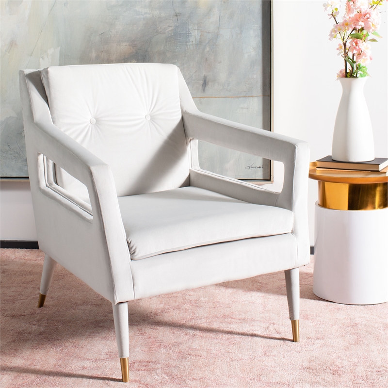Safavieh Mara Tufted Wood Velvet and Stainless Steel Accent Chair in Silver/Gold