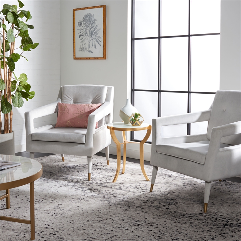 Safavieh Mara Tufted Wood Velvet and Stainless Steel Accent Chair in Silver/Gold