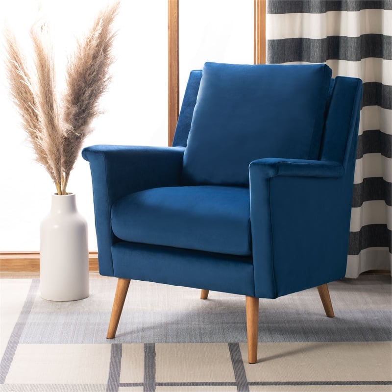 Safavieh Astrid Mid Century Wood and Polyester Velvet Arm Chair in Navy /Natural