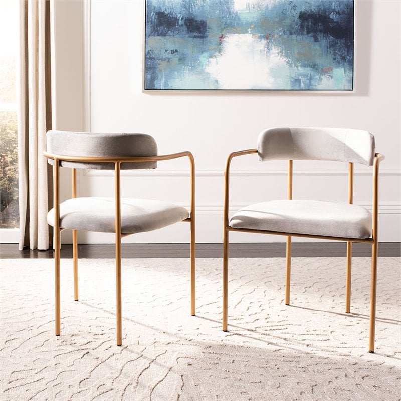 Safavieh Camille Velvet Dining Arm Chair Set 2 in Gray and Gold