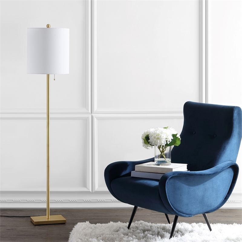 Safavieh Octavius Iron Floor Lamp in Brass/White Fabric Drum Shade