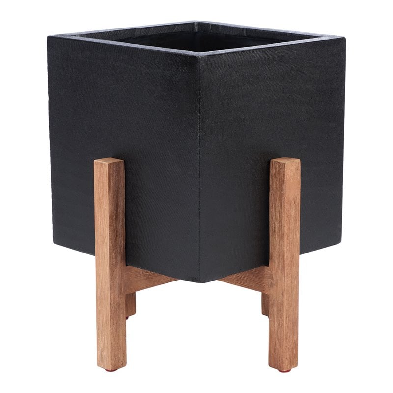 Safavieh Borsla Concrete Ficonstone/Acacia Wood Planter in Natural/Black