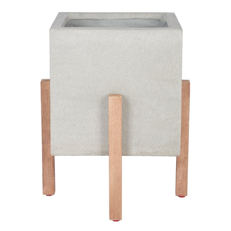 Safavieh Borsla Concrete Ficonstone/Acacia Wood Planter in Natural/Light Gray