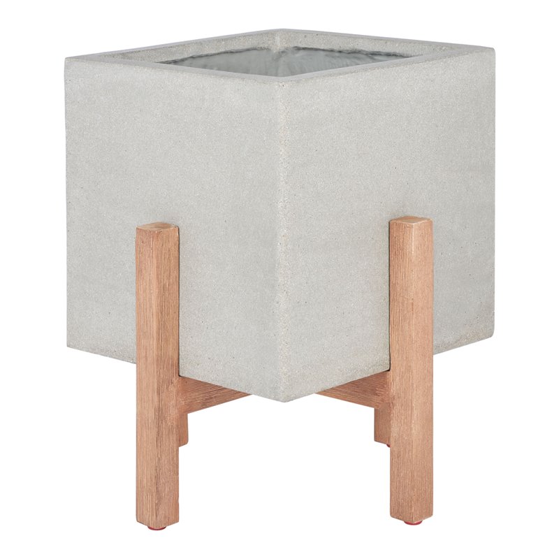 Safavieh Borsla Concrete Ficonstone/Acacia Wood Planter in Natural/Light Gray