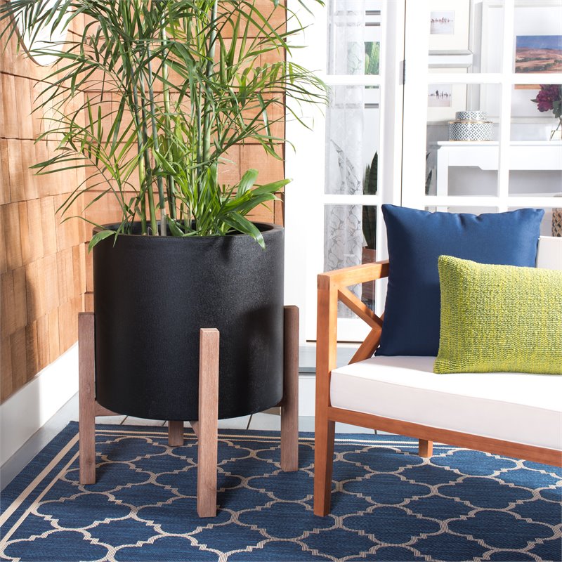 Safavieh Loflen Concrete Ficonstone/Acacia Wood Planter in Natural/Black