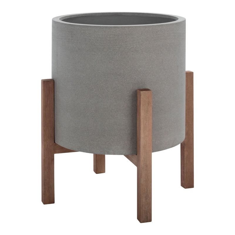 Safavieh Loflen Concrete Ficonstone/Acacia Wood Planter in Natural/Light Gray
