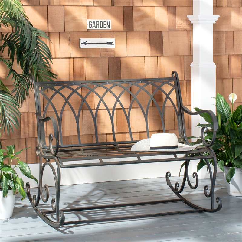 Safavieh Ressi Wrought Iron Metal Outdoor Rock Bench in Black Rust