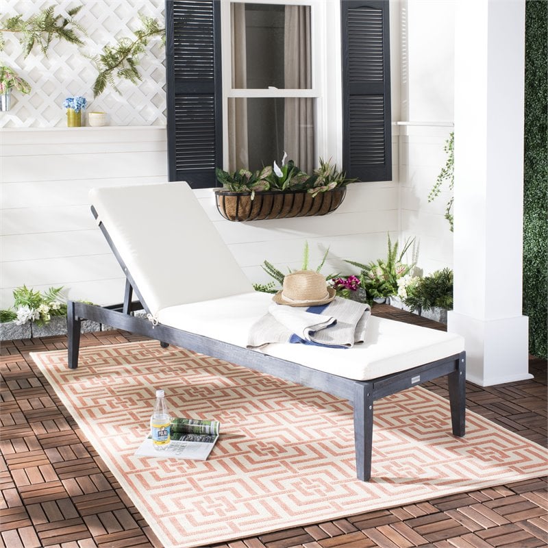 Safavieh Montclair Acacia Wood/Polyester Sun Lounger in Dark Slate Gray/Beige