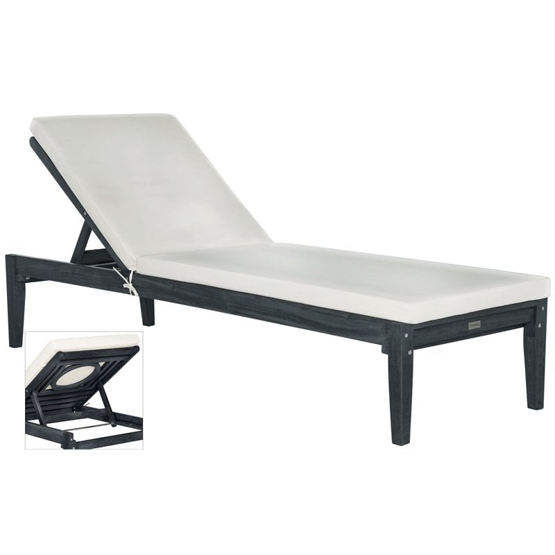 Safavieh Montclair Acacia Wood/Polyester Sun Lounger in Dark Slate Gray/Beige