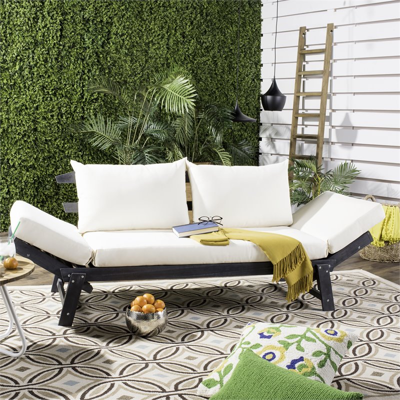 Safavieh Tandra Acacia Wood/Polyester Outdoor Daybed in Dark Slate Gray/Beige