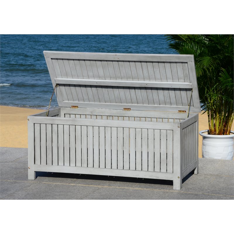 Safavieh Abri Storage Eucalyptus Wood Outdoor Cushion Box in Gray