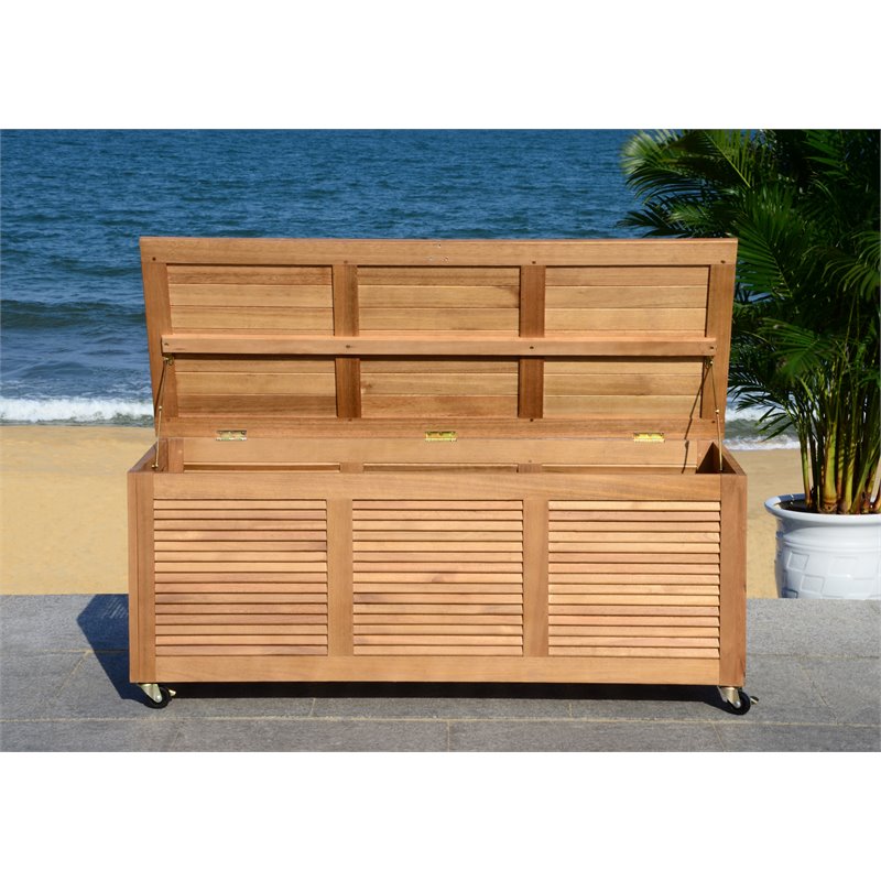 Safavieh Elina Storage Eucalyptus Wood Outdoor Cushion Box in Teak Natural