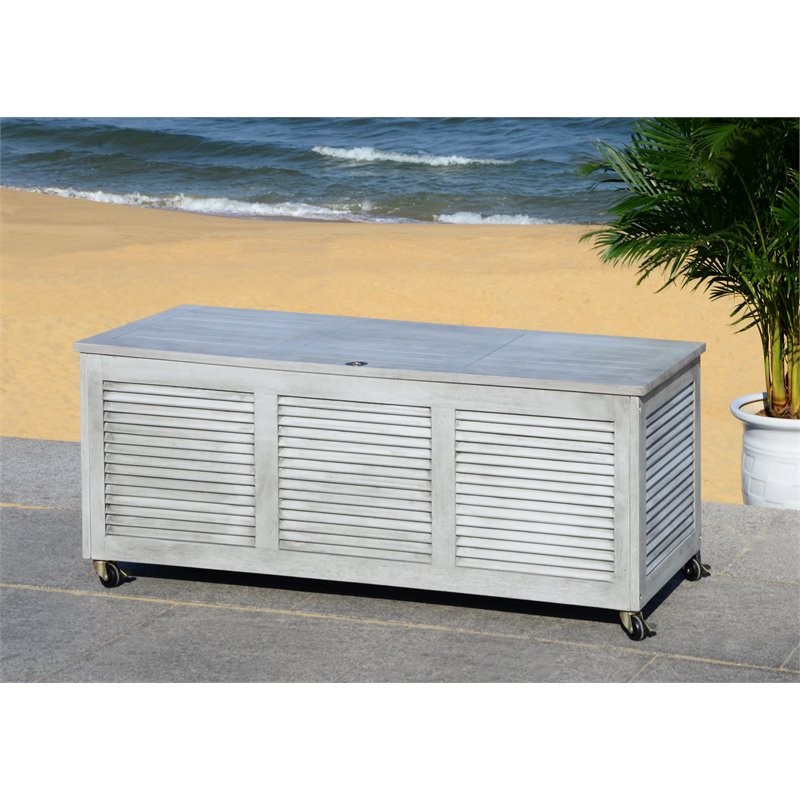 Safavieh Elina Storage Eucalyptus Wood Outdoor Cushion Box in Gray