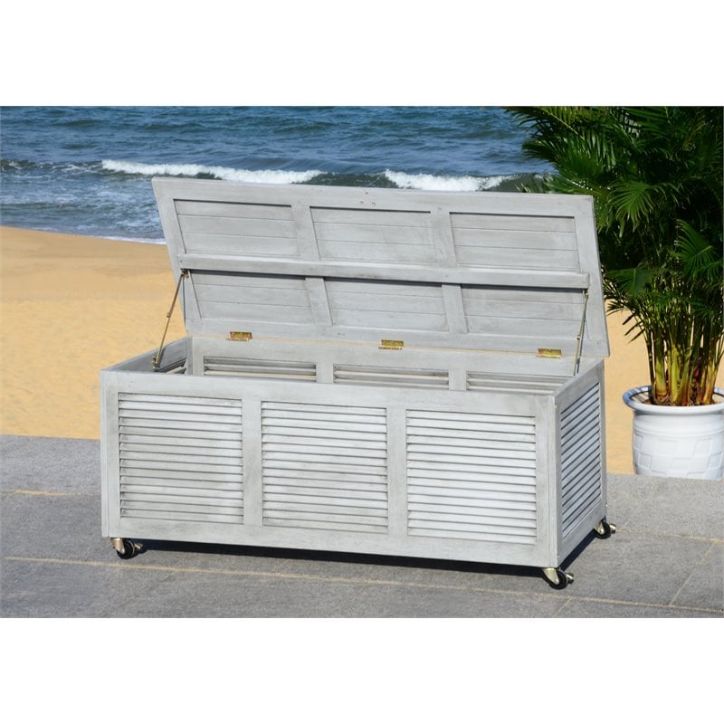 Safavieh Elina Storage Eucalyptus Wood Outdoor Cushion Box in Gray