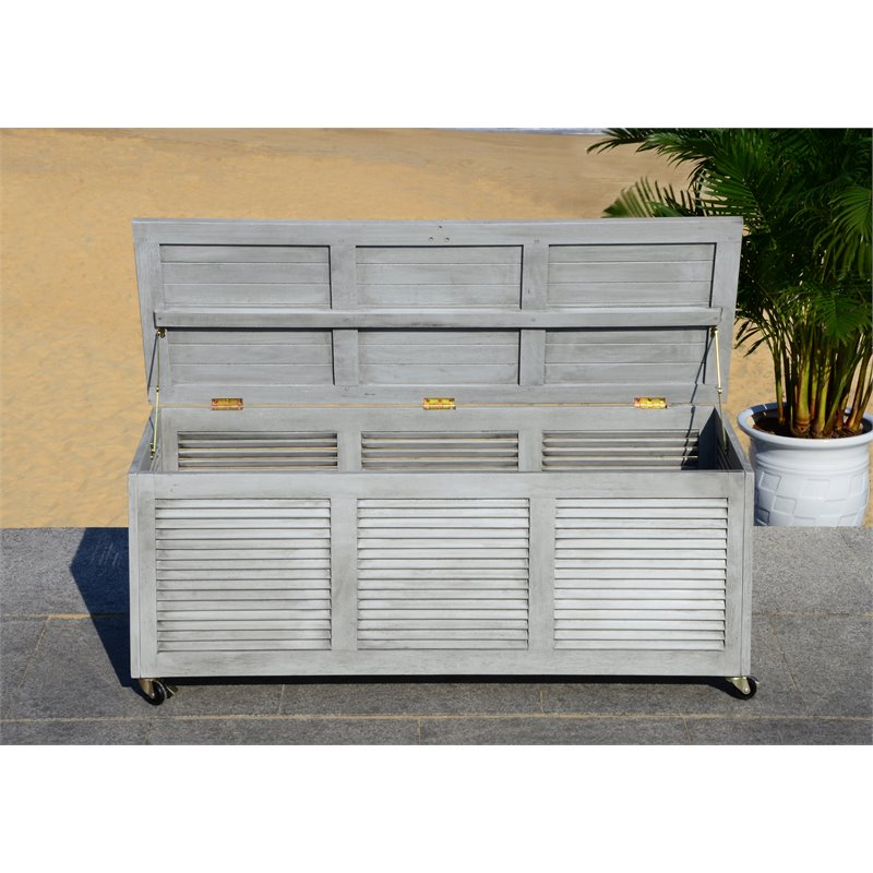 Safavieh Elina Storage Eucalyptus Wood Outdoor Cushion Box in Gray