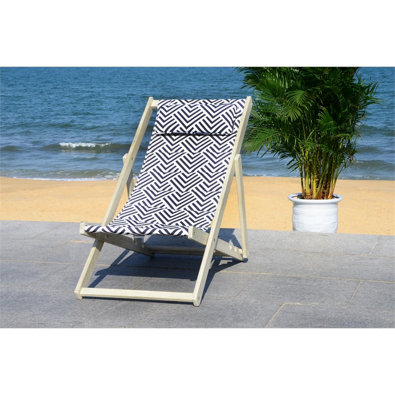 Safavieh Rive Eucalyptus Wood Outdoor Sling Chair in Navy and White