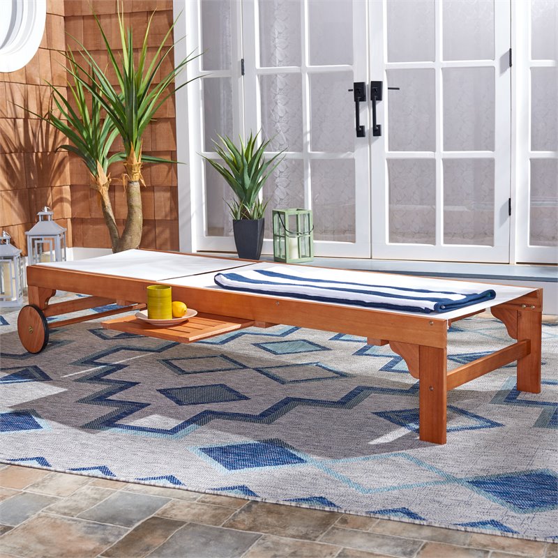 Safavieh Ralden Eucalyptus Wood/Polyester Outdoor Sun Lounger in Natural/Beige