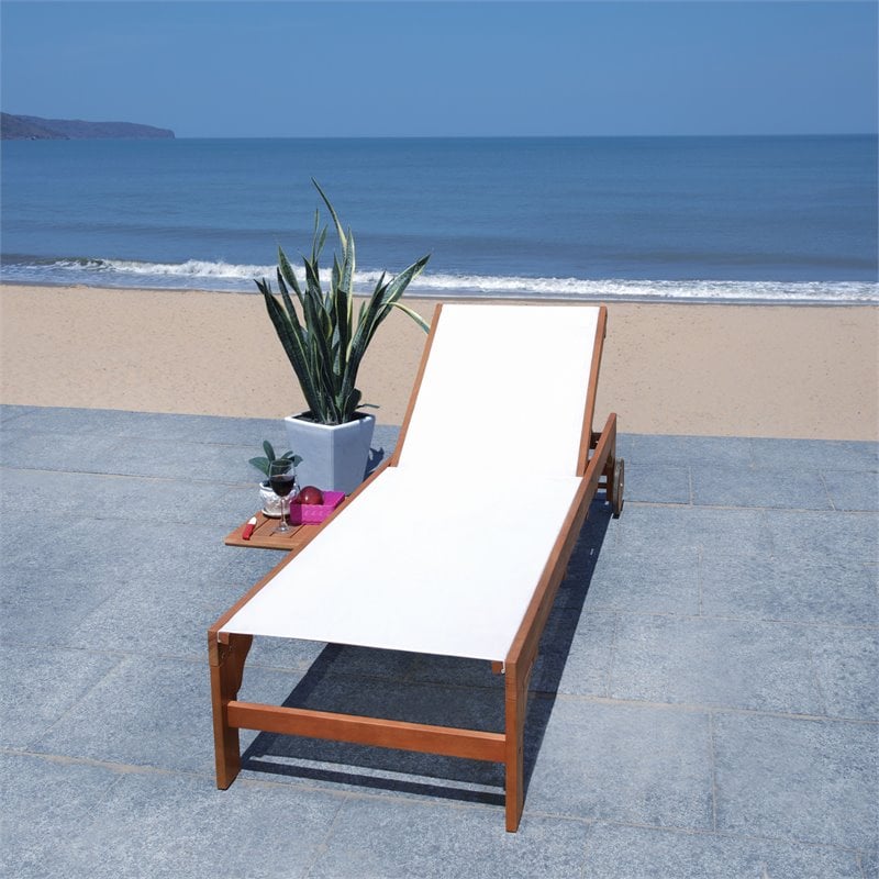 Safavieh Ralden Eucalyptus Wood/Polyester Outdoor Sun Lounger in Natural/Beige