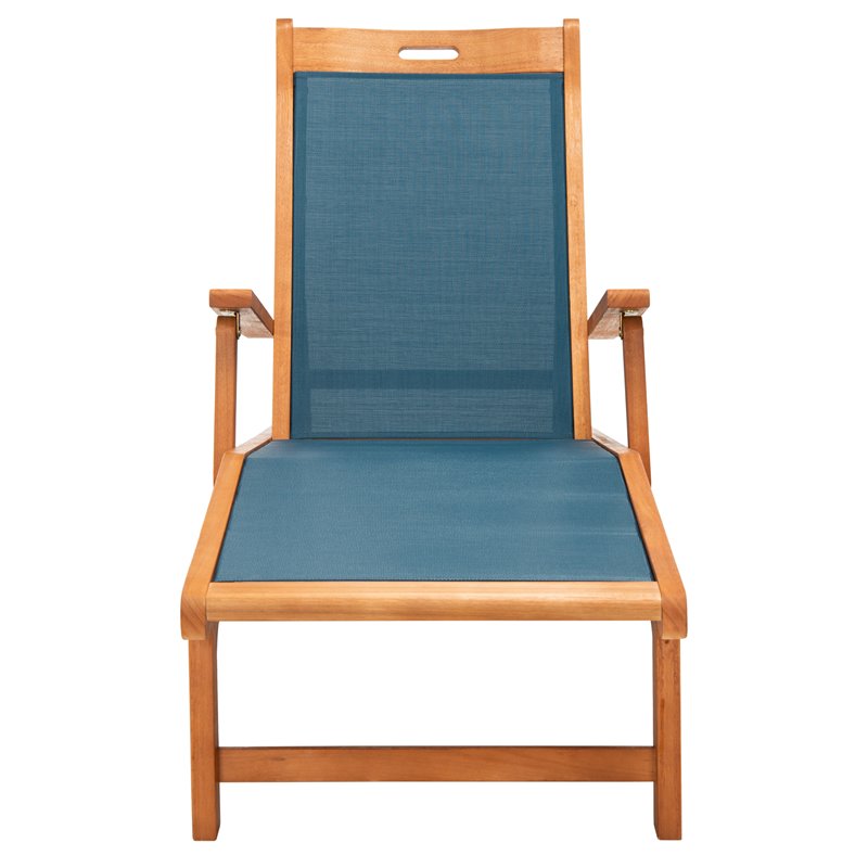 Safavieh Kamson Eucalyptus Wood/Polyester Outdoor Sun Lounger in Natural/Navy