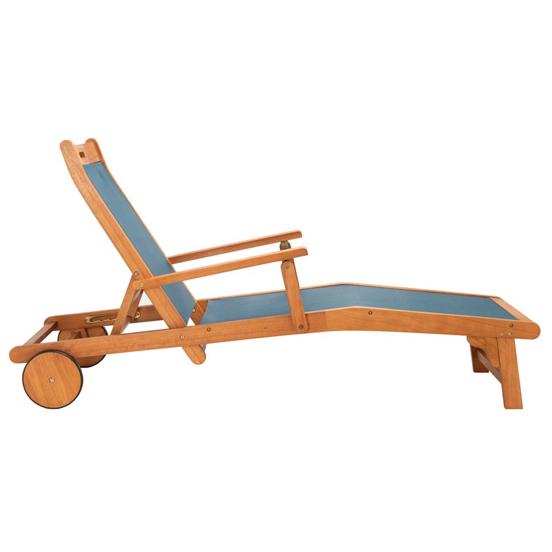 Safavieh Kamson Eucalyptus Wood/Polyester Outdoor Sun Lounger in Natural/Navy