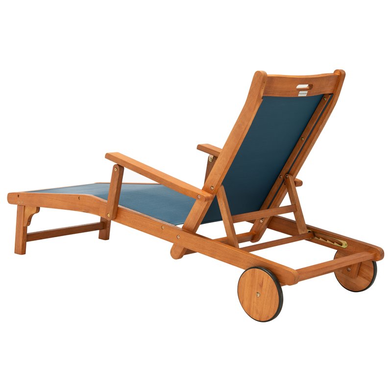 Safavieh Kamson Eucalyptus Wood/Polyester Outdoor Sun Lounger in Natural/Navy