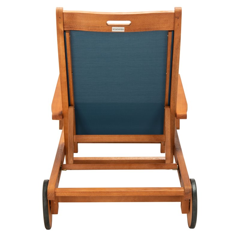 Safavieh Kamson Eucalyptus Wood/Polyester Outdoor Sun Lounger in Natural/Navy