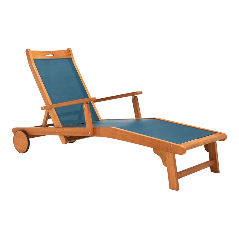 Safavieh Kamson Eucalyptus Wood/Polyester Outdoor Sun Lounger in Natural/Navy