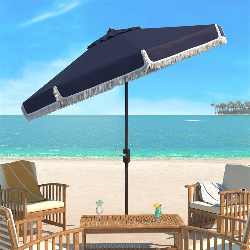 Safavieh Fabia Fringe 9ft Metal Outdoor Umbrella in Navy and White