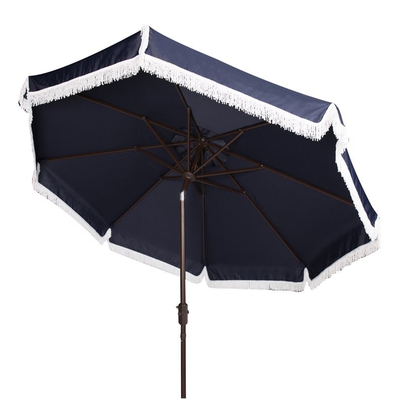 Safavieh Fabia Fringe 9ft Metal Outdoor Umbrella in Navy and White