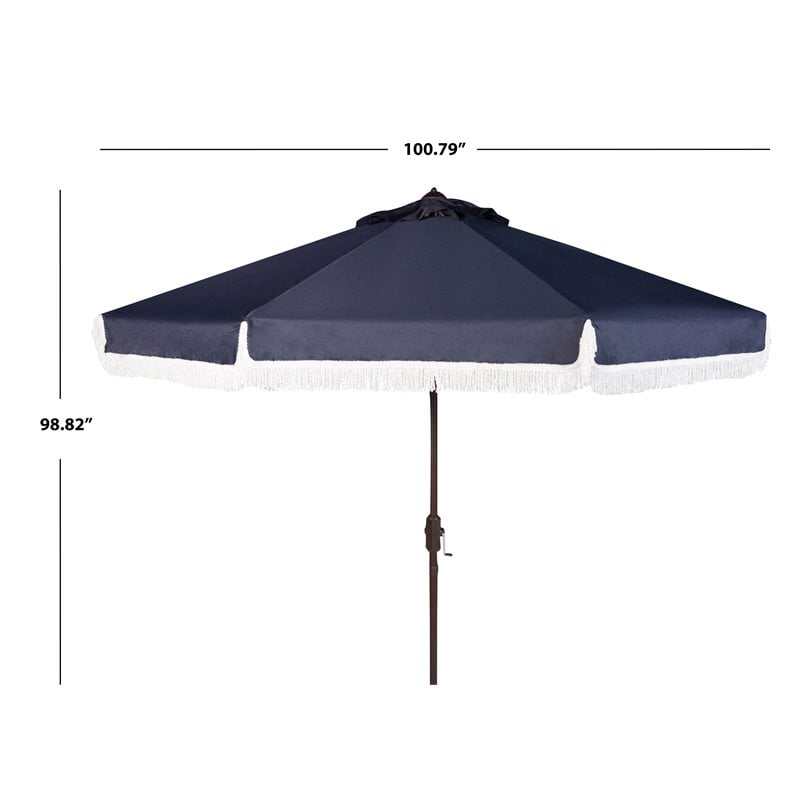 Safavieh Fabia Fringe 9ft Metal Outdoor Umbrella in Navy and White