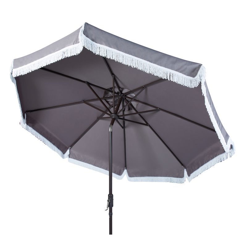 Safavieh Fabia Fringe 9ft Metal Outdoor Umbrella in Gray and White