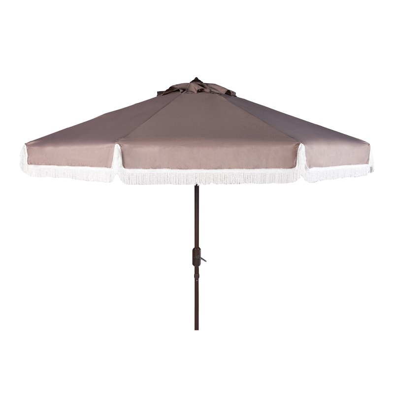 Safavieh Fabia Fringe 9ft Metal Outdoor Umbrella in Gray and White