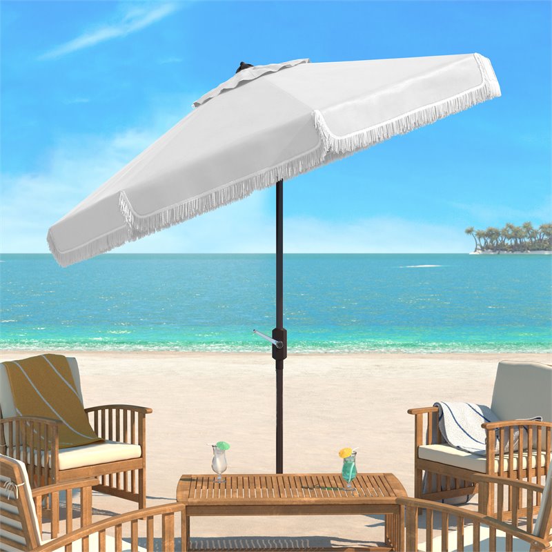 Safavieh Fabia Fringe 9ft Crank Metal Outdoor Umbrella in White