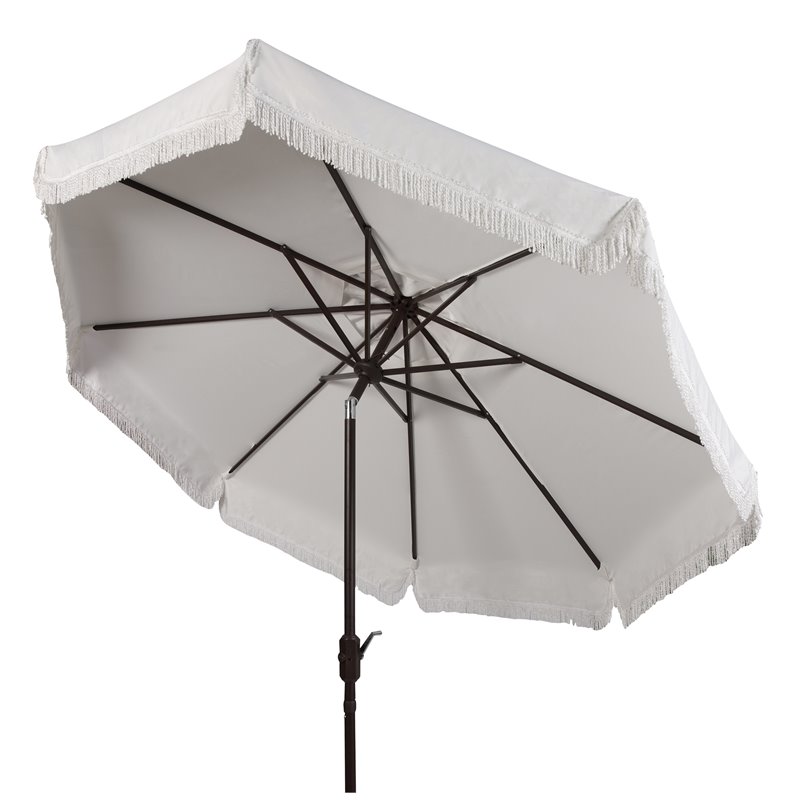 Safavieh Fabia Fringe 9ft Crank Metal Outdoor Umbrella in White