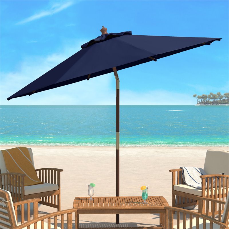 Safavieh Bethany 9ft Eucalyptus Wooden Outdoor Umbrella in Navy