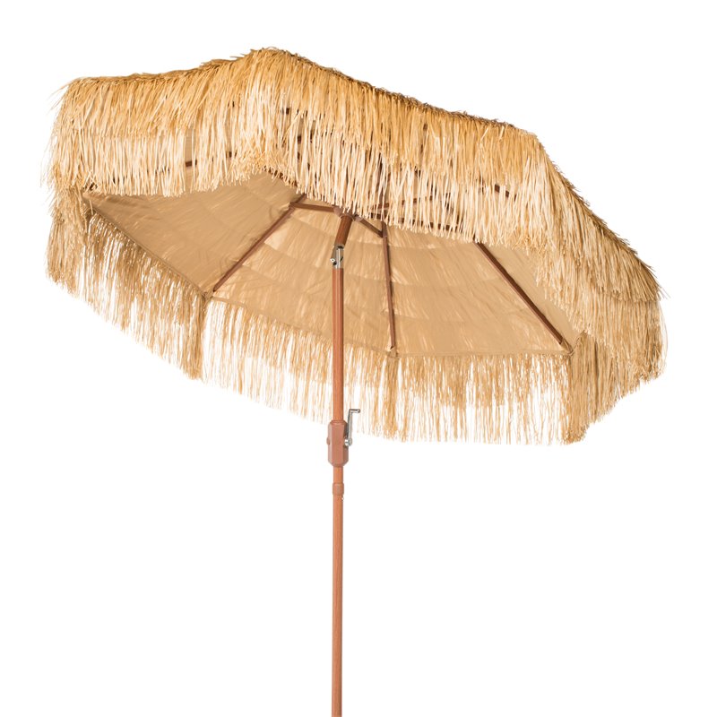 Safavieh Tiki 9ft Crank Metal Outdoor Umbrella in Powder Coated/Sandy Tan