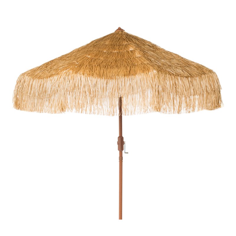 Safavieh Tiki 9ft Crank Metal Outdoor Umbrella in Powder Coated/Sandy Tan