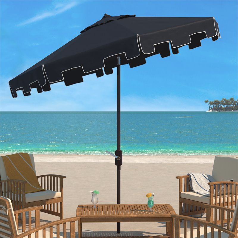 Safavieh Zimmerman 11ft Round Metal/Polyester Market Umbrella in Navy and White
