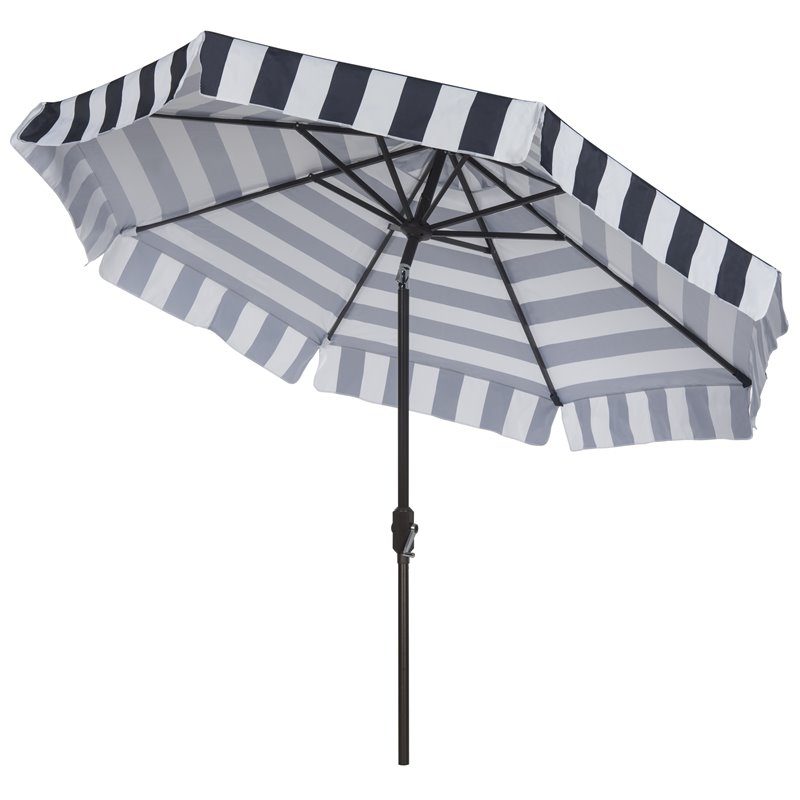 Safavieh Elsa Fashion Line 11ft Round Metal Outdoor Umbrella in Navy and White