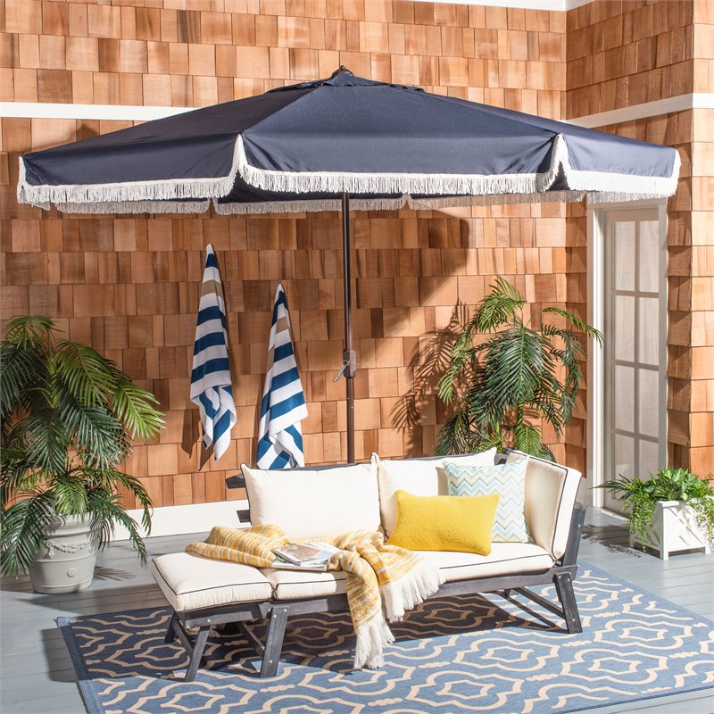 Safavieh Milan Fringe 11ft Round Crank Polyester/Metal Umbrella in Navy/White