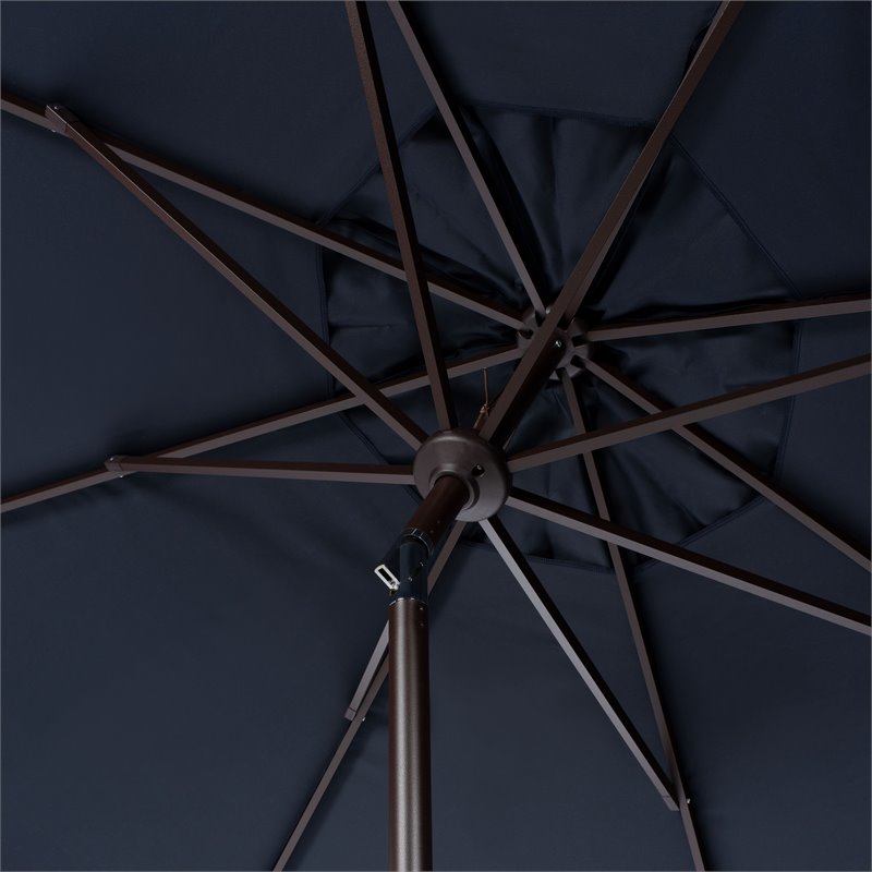 Safavieh Milan Fringe 11ft Round Crank Polyester/Metal Umbrella in Navy/White