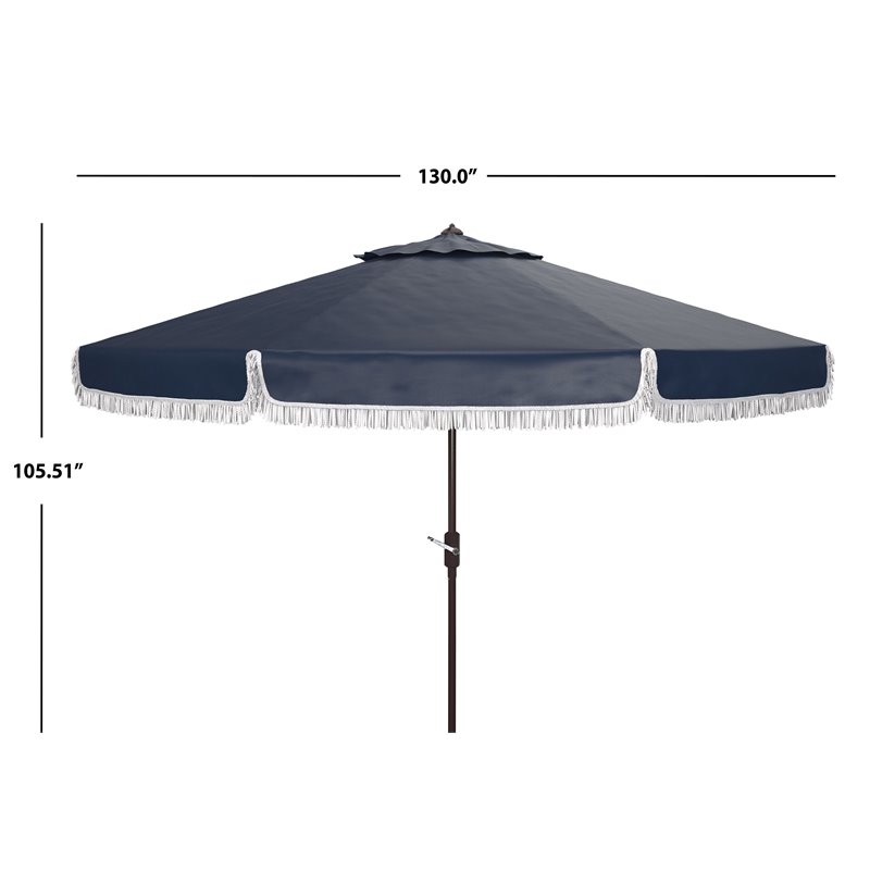 Safavieh Milan Fringe 11ft Round Crank Polyester/Metal Umbrella in Navy/White