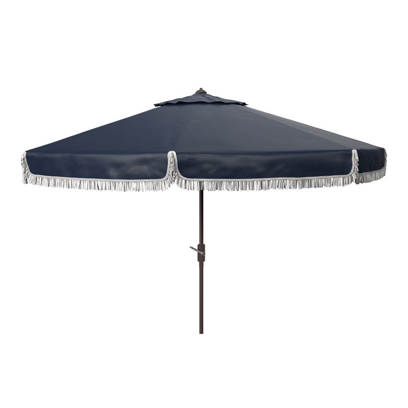 Safavieh Milan Fringe 11ft Round Crank Polyester/Metal Umbrella in Navy/White