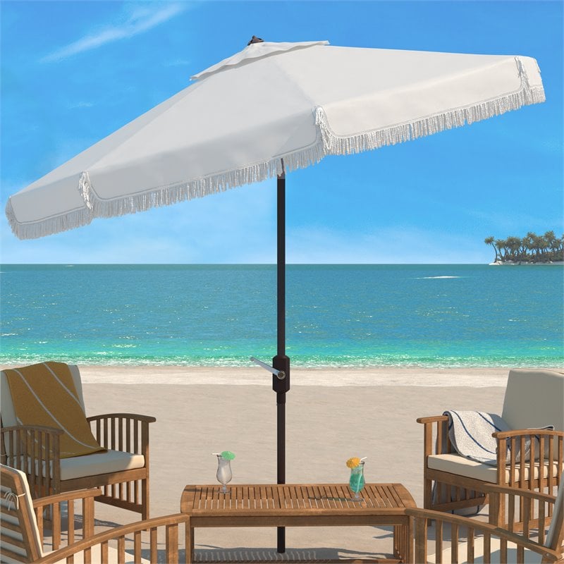 Safavieh Milan Fringe 11ft Round Crank Polyester/Metal Umbrella in White