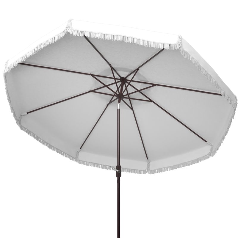 Safavieh Milan Fringe 11ft Round Crank Polyester/Metal Umbrella in White